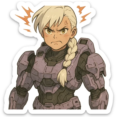 making an angry scowl, frown closed mouth, rage face, rage aura,  female, wearing reach spartan armor shoulder-unequip, long white braid hair with massive messy front side single bangs, gold yellow eyes, attention pose, D-cup size, HALO:series, no helmet, the armor is lavender color scheme, sticker