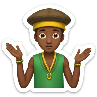 Lanky black guy with hunchback with hands out and Jamaican hat sticker