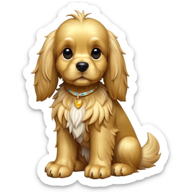 cinematic-[cocker spaniel dog]-realistic-full-body-sitting-emoji,-tail-resting-loosely-beside-its-paws,-head-tilted-dramatically,-scruffy-[solid gold]-fur,-simplified-yet-realistic-focused-features,-highly-detailed,-glowing-with-an-almost-sarcastic-glow sticker