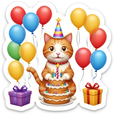 Ginger cat celebrates birthday, birthday hat, birthday cake, balloons, happy, gifts sticker