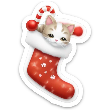 light red stocking with snowflakes on it and a small white cat poking out of the stocking and a candy cane beside the cat sticker