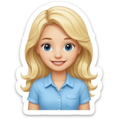 smiling blonde woman with long wavy hair dressed in baby blue mini skirt and shirt sticker