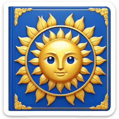 A golden yellow book with royal blue accents, smooth and polished, embossed with a symbol of six pillars, a sun, or a glowing mirror, radiating strength, confidence, and the power of self-worth.  sticker