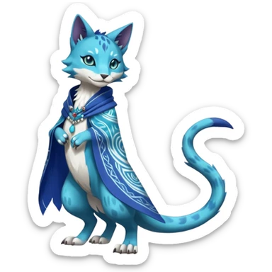 Kawaii cute Indigo Turquoise Grey beautiful pretty elegant divine edgy feline-vernid-sergal-Fakémon-Pokémon-Digimon-fursona-animal-creature, full body, with intricate detailed markings, silken shawl, decorative anklets sticker