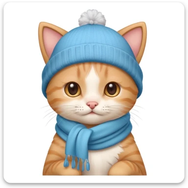 cute kitten shivering with cold, droopy ears, wearing scarf and hat, white background sticker