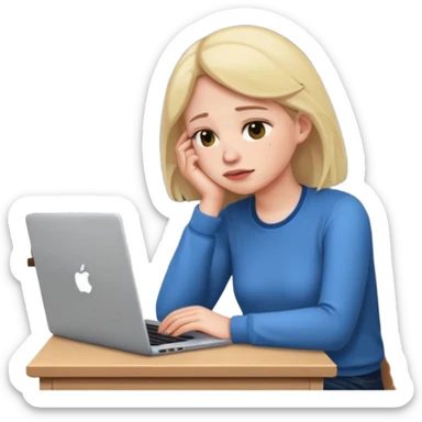 tired student with laptop, window at night behind, chin on desk, apple style emoji sticker