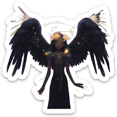 Black Raven wings bohemian girl Ethereal galaxy constellation girl angel raven wings black wings, gold arrow, nebula, flower crown, fairy lights, iridescent sticker