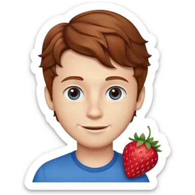 Please generate a portrait of a boy. He has wavy, light brown to reddish-brown hair, a right side parting, slightly longer sideburns, blue eyes, a snub nose, and a rather pronounced, strawberry-red pout. He is smiling. sticker