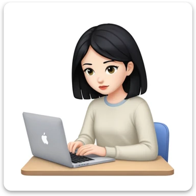 a girl with black hair sitting and watching the macbook sticker