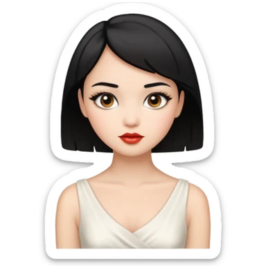 a short black hair girl with elegant white dress, wearing makeup sticker