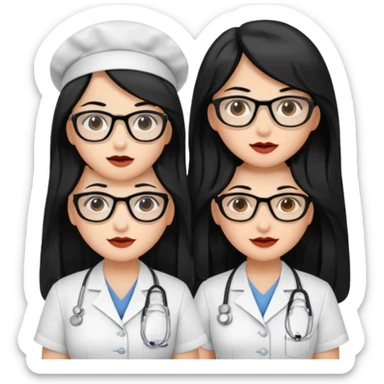 Genera emogis de 4 cuatro enfermeras de cabello negro largo, entre ellas que una tenga lentes y otra un lunar encima de los labios sticker
