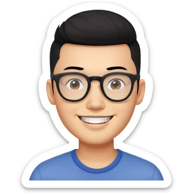 modern Asian man with black hair undercut, shaved sides, square glasses, big smile, youthful vibe sticker