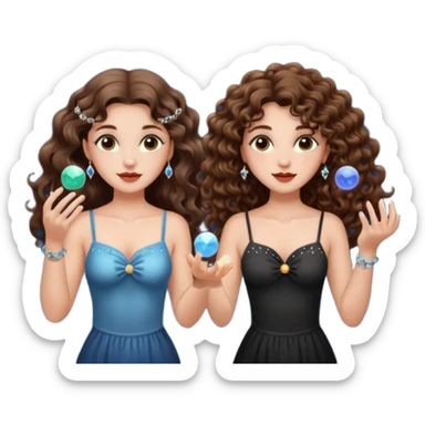 moon juggling — long wavy brown hair tattooed woman and short tight curly brown hair woman — tiny moons and crystals sticker