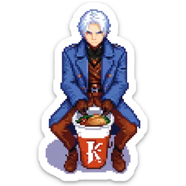 Vergil from Devil May Cry sitting in a KFC bucket, blue coat, white hair, katana sticker