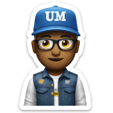 Um boneco com um boné azul escrito mega diesel e uma camisa escrita mega diesel sticker