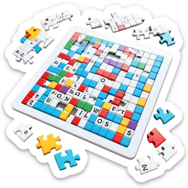 A photorealistic icon with a crossword magazine, a 3D puzzle and a partially completed puzzle on a table. Bright, detailed design with realistic lighting. Transparent background, clearly symbolizing puzzles and brain games. sticker