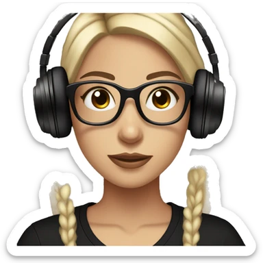 Fair skinned girl with brown eyes and long straight black hair with a black t shirt with glasses on with headphones on mixing on a dj mixer sticker