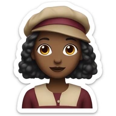 A black girl wearing a burgundy top with flowy black hair and a beige beret sticker