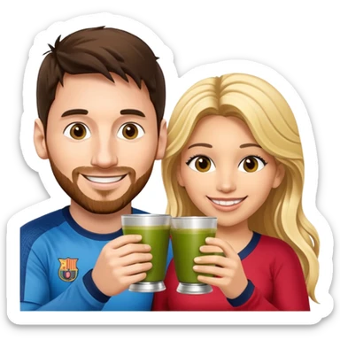 emoji-style illustration of Lionel Messi and Shakira smiling at each other, both holding traditional yerba mate cups, about to make a cheerful toast, friendly, happy, expressive cartoon faces, bright colors, fun vibe sticker