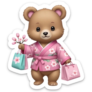 A cute baby bear character in pastel style, standing upright like a human. 
Light brown soft fur, large round ears, rounded paws and feet. 
Wearing a pink kimono with soft cherry blossom patterns on the sleeves and bottom, Holding a cute pastel shopping bag with one paw, walking pose. sticker