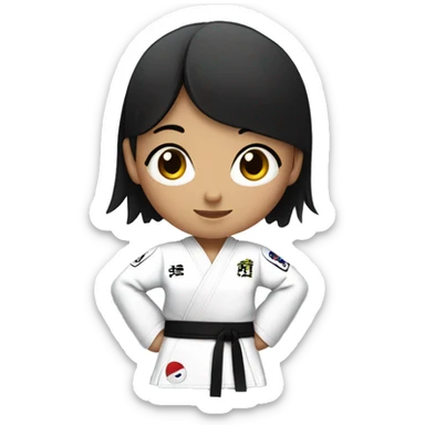 girl with black hair wearing a taekwondo dobok with white belt sticker
