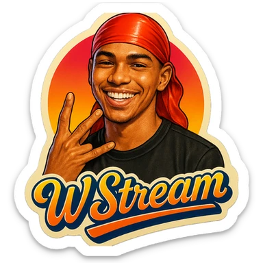 Make him Smiling 
Twist middle finger and ring finger crossed over to form a W
Change His durag To Red
Add the words W Stream sticker
