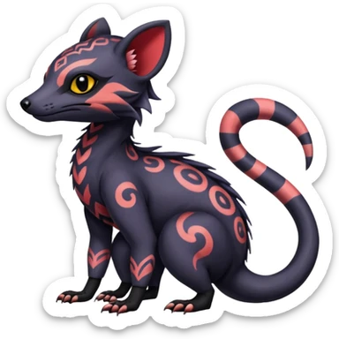 Rare warm-colored exotic gloomy tropical edgy cute epic aesthetic spooky  gothic colorful Salandit-Noibat-Civet-species-Fakemon-hybrid-creature, with tribal tattoo markings, full body sticker