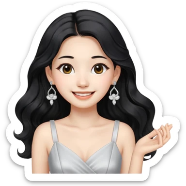 Korean 24-year-old female online shopping mall seller / white face / earrings / smiling expression / long wavy hair / influencer vibe / fashionable / black hair / silver earrings / white dress sticker