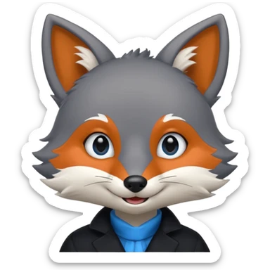Grey anthropomorphic furry fox with a black coat, blue eyes, and a small fringe of black hair, smiling sticker