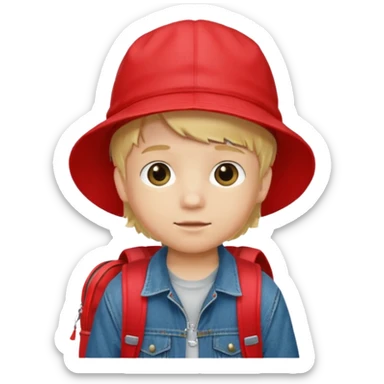 A little boy student, blonde hair, with red bucket hat, jean jacket, backpack sticker