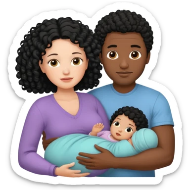 family: white woman curly black hair, black man with short black frizz hair, one 2 y o daughter , and a newborn in the and of the mother sticker