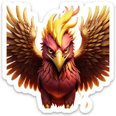 Cinematic Battle-Hardened Mystical Fire Phoenix Portrait Emoji, head bowed slightly in a moment of raw resilience, revealing a form etched with the wear of relentless conflict. Ragged, scorched plumage and half-closed, determined eyes speak to battles fought and won. Rendered with authentic detail and dramatic natural light that accentuates every scar and burn, high shine, this portrayal blends vulnerability with hardened strength, outlined in a soft glow that captures the essence of a phoenix tempered by the fires of combat. sticker