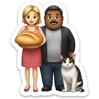 Family photo a fat husband with bread and a woman and them two cats one white and second is black sticker