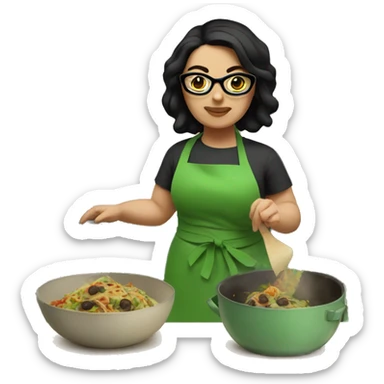 chubby lady with black hair green apron  with glasses cooking tacos sticker