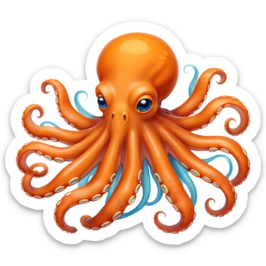 Beautiful and Majestic smiling Octopus Portrait Emoji, Head and body resting in serene repose with a gentle, content smile, showcasing a soft, light orange form adorned with elegant blue rings and delicately arranged arms, Simplified yet exquisitely endearing features, highly detailed, glowing with a soft, drowsy underwater light, high shine, relaxed and utterly enchanting, stylized with an air of majestic aquatic beauty, soft glowing outline, capturing the essence of a beautiful and majestic octopus that embodies the enchanting spirit of the deep! sticker