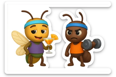 EMOJI STILE IPHONE 3D DI UNA CICALA E UNA FORMICA IN ABITI FITNESS, LA CICALA HA IN MANO UN COCKTAIL MENTRE LA FORMICA HA IN MANO UN MANUBRIO DA PALESTRA. L'IMMAGINE RAPPRESENTA IL FATTO CHE LA FORMICA VOGLIA IMPEGNARSI REALMENTE PER CAMBIARE IL SUO FISICO MENTRE LA CICALA SI VUOLE DIVERTIRE E NON CONCLUDE NULLA ALLA FINE sticker