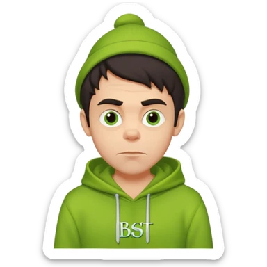 Create an avatar of white European with dark hair  male in hoodie with ``BST`` letters on it. Make background to look like from movie Grinch sticker