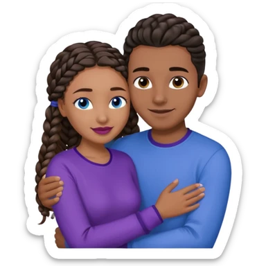 Boyfriend who is very tan olive skinned with blue eyes and wavy straight brown hair in a blue shirt and his girlfriend who is very dark skinned, juicy lipped with black braided hair and the two are hugging and smiling hugely she’s wearing purple and she has black eyes sticker