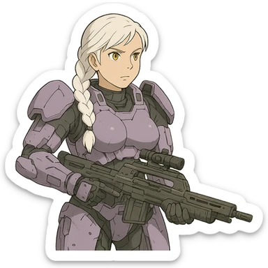 female, wearing reach spartan armor default, long white braid hair, gold yellow eyes, attention pose, halo series, no helmet, the armor is lavender color scheme, shoulder pad off. DDD bust size fitting. Punk gothic cyberpunk, brandishing a dmr sticker