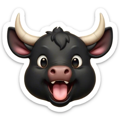 Cinematic Cute Yawning Black Bull Portrait Emoji, Head tilted slightly with a dramatic, wide-open yawn, showcasing a smooth, pure black hide with a subtle texture, floppy ears slightly drooping, round dark eyes barely open in drowsy contentment, Simplified yet irresistibly adorable features, highly detailed, glowing with a soft, cozy glow, high shine, relaxed yet expressive, stylized with a touch of rugged whimsy, bright and endearing, soft glowing outline, capturing the essence of a sleepy yet affectionate guardian, so drowsy it feels like it could charge right out of the screen and curl up for a nap! sticker