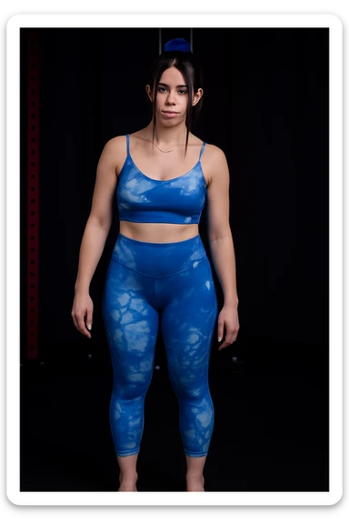 Create a realistic/anatomical style image of a woman identical to the reference photo, in an anatomical position with clearly asymmetrical shoulders (one higher than the other). The face, hair, and clothing must match the reference exactly. Emphasize the anatomical difference in the shoulders clearly and realistically. sticker