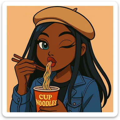 Change the pose to a 20-year-old anime Bratz style woman with dark skin, straight hair, trendy outfit, big expressive eyes, glossy lips, no hat, no tears, happy expression, looking straight ahead, eating a cup of noodles with chopsticks, headshot only. sticker