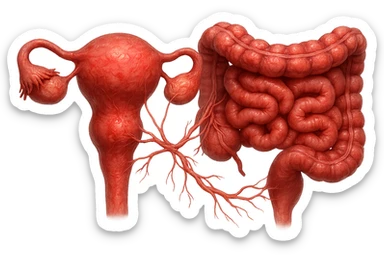 utero umano anatomico iperrealistico e intestino umano anatomico iperrealistico hanno in comune il dolore e l'infiammazione, rendi bene il collegamento tra i due organi doloranti, falla iperrealistica, non disegnata sticker