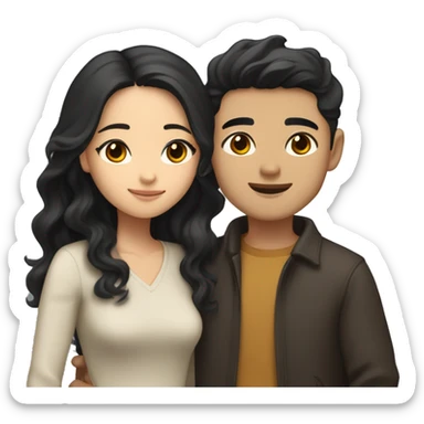 A half pale Asian man with short dark hair and amber eyes embracing and loving a half Asian woman with long wavy dark hair and dark hazel eyes. They love each other a lot And have good fashion taste. And are having a lot of fun sticker