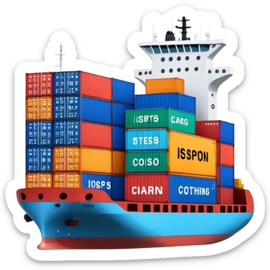cargo ship with containers labeled with clothing icons, fashion supply chain theme sticker