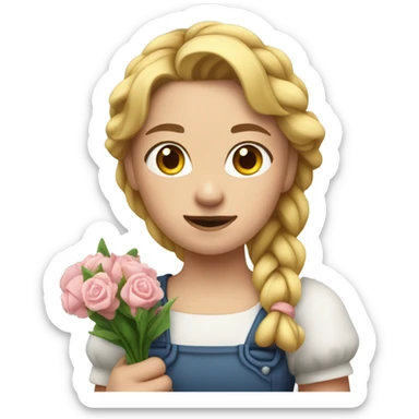 "A young woman with braided blond hair, fair skin, and a lively but slightly worried expression. She wears a simple dress, often holding flowers or a broom, with a rural house in the background." sticker