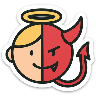 half animated face of an angel and half animated face of a devil, clean and simple, suitable for an icon sticker