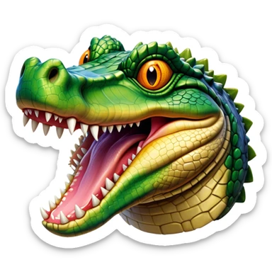 Cinematic Realistic Comical Crocodile Portrait Emoji, Head tilted dramatically with an exaggeratedly amused expression, featuring a striking, glossy scaly hide with bold textures and wide, expressive eyes full of playful disbelief, rendered with vivid natural hues and lifelike detail, high shine, dramatic yet playful, styled with an air of cheeky aquatic mischief, soft glowing outline, capturing the essence of a spirited and over‐the‐top crocodile that looks ready to snap its jaws in a burst of viral wild humor! sticker