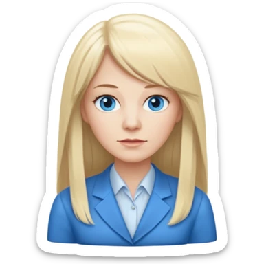 450 yr old white woman, pale skin, long straight blond hair parted in center, blue eyes, bangs, clothes for office sticker