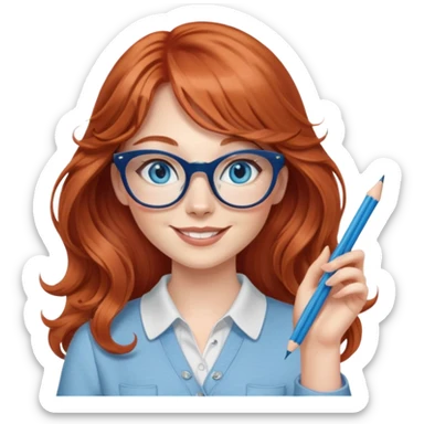 redheaded woman with very long wavy hair and bangs, blue eyes, clear cat-eye glasses, casual chic outfit, holding a pencil, smiling, waving sticker
